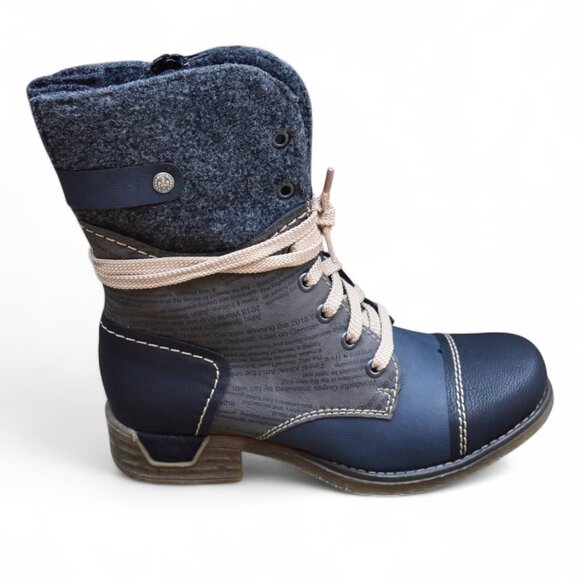 Rieker Women’s 79624 Ankle Boots Sz 37 | Blue Gray Newsprint Wool Upper | Fold - Picture 1 of 8